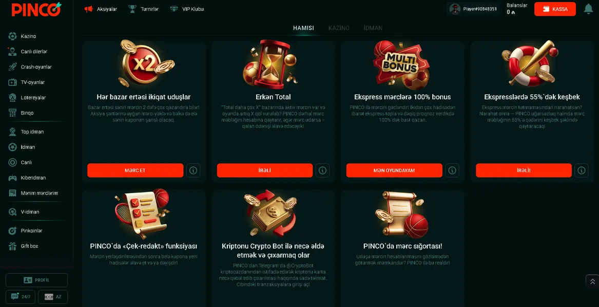 Pinco bonuslar, kampaniyalar və promosyonlar