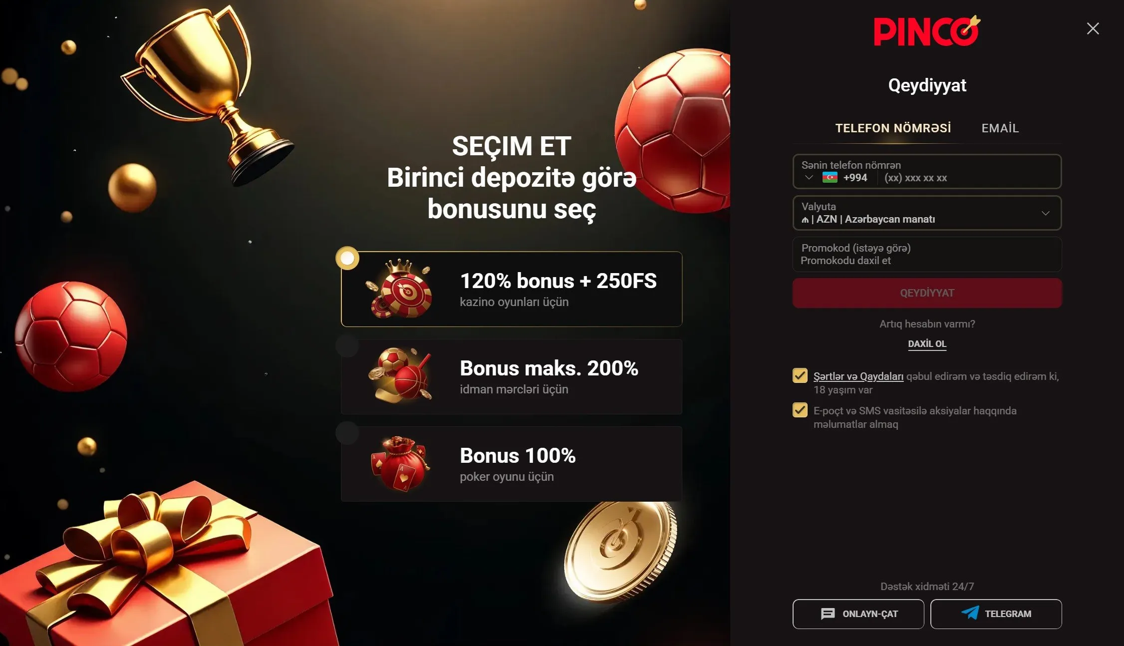 Pinco qeydiyyat və şəxsi kabinetə giriş